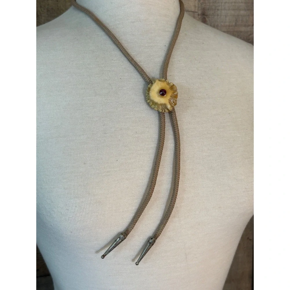 Vintage Antler Bolo Tie Tan Braided Cord Red Rhinestone Silver Tips